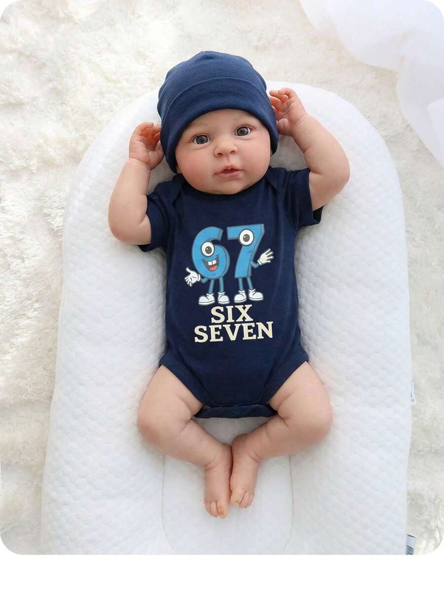 SHEIN Áo liền quần ngắn tay cổ tròn in chữ hoạt hình cho bé sơ sinh - màu đen - Xem 1