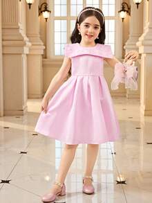 SHEIN Vestido sin mangas con cintura ceñida y cuello bordado para niñas, elegante para fiestas y ocasiones especiales - Rosa - Ver 4