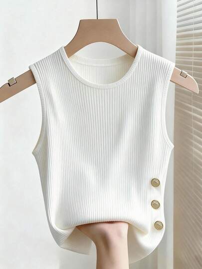 Franclia Women's Casual Ribbed Metal Decor Round Neck Tank Top, Summer White Knit Top Knit Top Women White Top Women Summer Tops Women Knit Tops Cute White Top