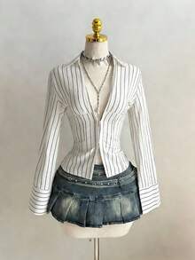 Elamini 1pc Black V-Neck Striped Collar Slim Fit Button-Up Long Sleeve Sexy Blouse For Commuting & Daily Wear, Winter - White - View 6