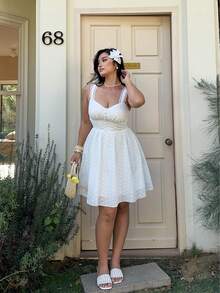 Sunnyshic Plus Size V-Neck Lace Patchwork Cinched Waist Flared White Dress, Spring/Summer - White - View 2