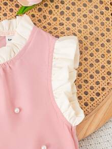 SHEIN Gaun Kasual Anak Perempuan Motif Blok Warna Pink & Aprikot dengan Hiasan Mutiara Jala, Cocok untuk Pemakaian Sehari-hari & Bepergian - Berwarna merah muda - View 7