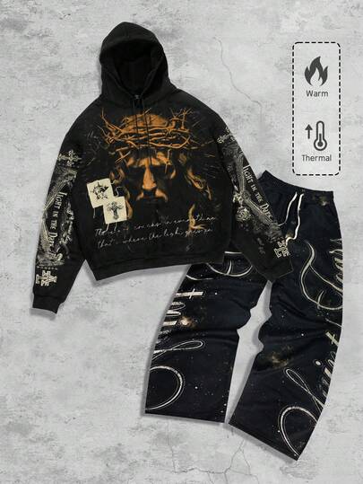 Street Life 2pcs Men's Jesus Hooded Sweatshirt And Pants Set, Autumn/Winter