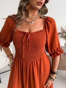 Ceyna Casual Boho Plus Size Long Maxi Dress Burnt Orange Raglan Half Sleeve Layered Tiered Woven Fabric For Women Holiday Picnic Summer - Burnt Orange - View 5