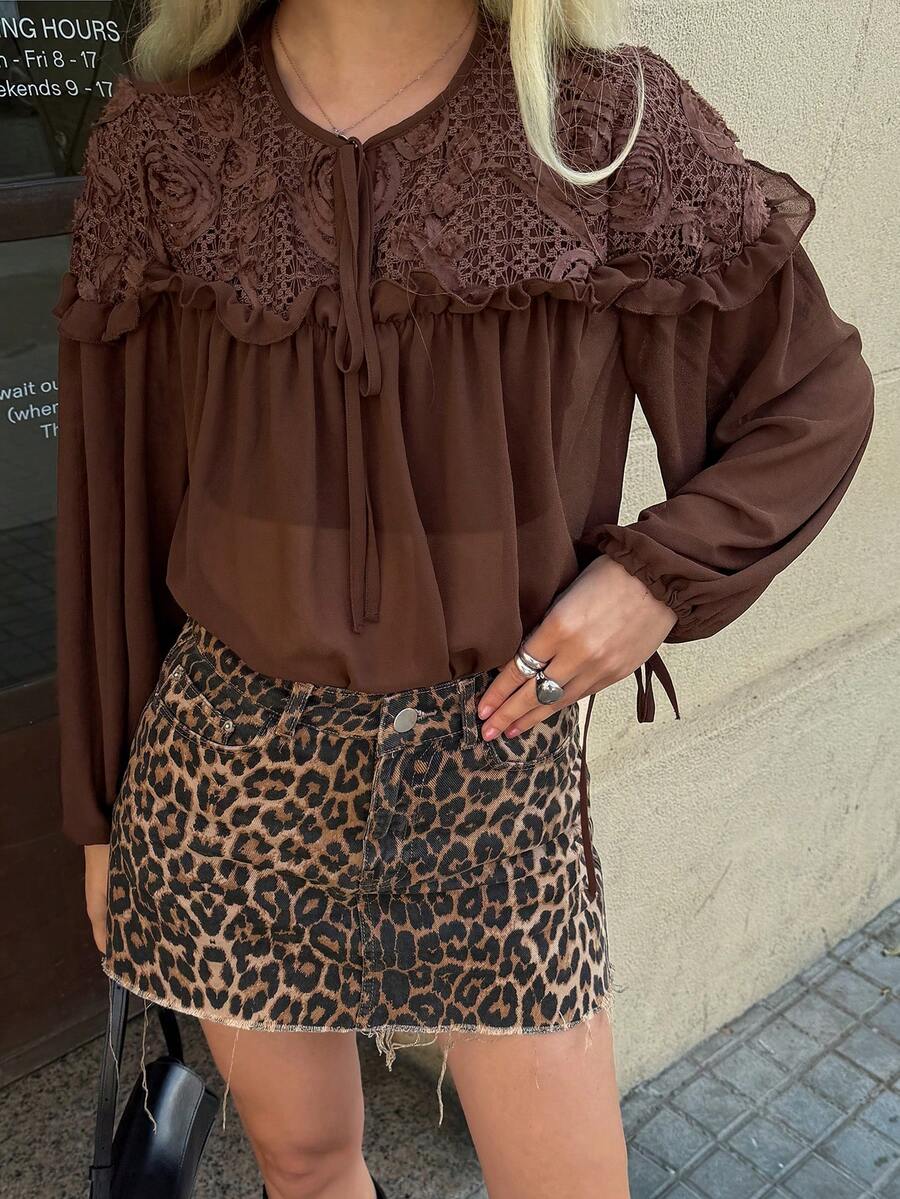 Livesso Brown Textured Patchwork Vacation Shirt For Women, Summer - Coffee Brown - View 1