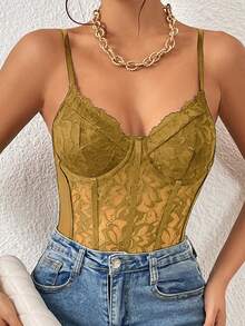 Glamine Lace Patchwork Embroidered Camisole, Sleeveless See Through Top See Through Tops Lacey Top Bodysuit Top Tops For Women Sexy - Mustard Yellow - View 4