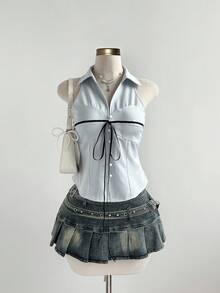 Sweetra 法式学院风浅色条纹衬衫，黑色缎带撞色设计，后背可爱蝴蝶结，修身剪裁，春季百搭女装 - 藍色 - 查看 2