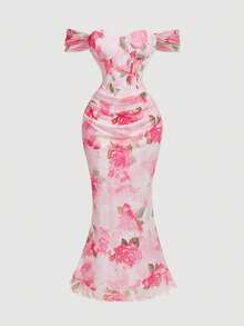 SHEIN MOD 梦幻浪漫郁金香印花长款鱼尾连衣裙，配有抹胸设计——完美适用于度假、约会、野餐、派对、舞会、节日和生日穿着；浪漫又可爱 - 粉色 - 查看 5
