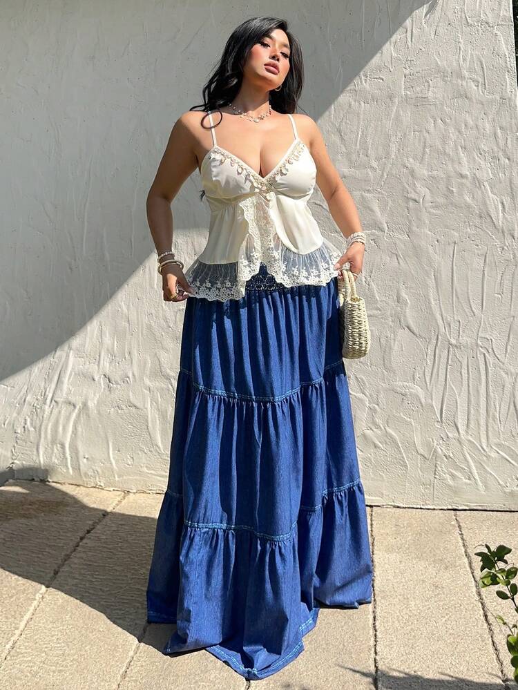 Sunnyshic Plus Size Women's Casual Elegant American Countryside Denim Effect Print Knee-Length Skirt - Blue - View 3