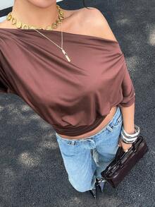 Siren Gaze Women's Off Shoulder Short Sleeve Top, Open Shoulder One-Piece T-Shirt, Versatile Wear - Brown - View 7