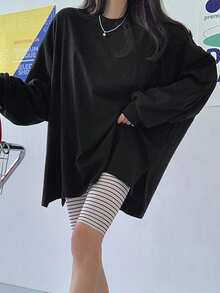 DAZY Women's Solid Color Oversized Long Sleeve T-Shirt, Suitable For Spring, Summer, Autumn - Black - View 4