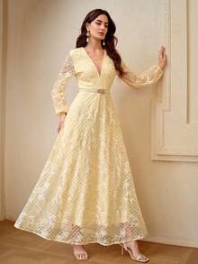 ZEYLAH Đầm dài dáng chữ H ôm eo, trang trí hoa 3D, thích hợp cho mùa xuân/hè. - Màu be - Xem 7