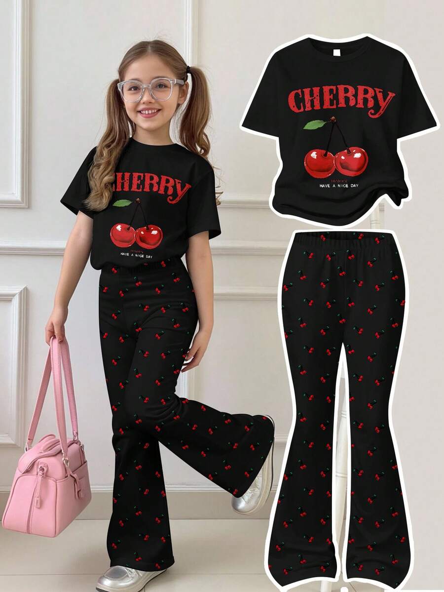 Bộ đồ 2 mảnh màu đen, phong cách retro, họa tiết quả anh đào nhỏ xinh, hợp thời trang cho bé gái tuổi teen, gồm áo thun cổ tròn tay ngắn dáng rộng và quần ống loe ôm sát, phù hợp cho mọi mùa, trang phục mùa hè, thoải mái dễ chịu, đồ mặc nhiều lớp mùa thu cho trẻ em, phong cách thời trang trẻ em, trang phục thường ngày, quần áo in hình cho trẻ em, trang phục đi học, trang phục mùa thu, trang phục dự tiệc. - trắng - Xem 1