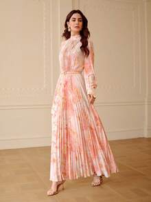 ZEYLAH Cinched Waist Waist Fitted Pleated Elegant Romantic Long Dress, Spring/Summer - Baby Pink - View 5