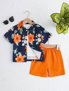 2pcs/Set Young Boy Palm Tree Print Short Sleeve Polo Shirt And Solid Shorts Set,Summer,Beach,Holiday,Casual Sports Italian Vacation Resort Outfits - Orange - View 3