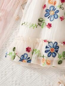 Souflis Souflis 1pc Baby Girls' Summer New Ruffled Collar Flutter Sleeve Back Zipper Elastic Waist Chiffon Embroidered Fabric Simple Versatile Cute Retro Vacation Elegant Princess Dress - Multicolor - View 7