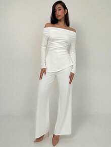 Aloruh Women's White Autumn Elegant Semi Formal Two Piece Pants Set,Ruched One-Shoulder Irregular Hem Top & Draped Straight-Leg Pants Office Party Outfit - White - View 1