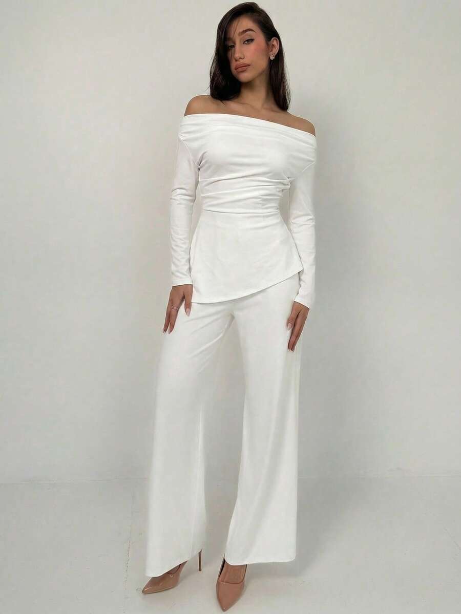 Aloruh Women's White Autumn Elegant Semi Formal Two Piece Pants Set,Ruched One-Shoulder Irregular Hem Top & Draped Straight-Leg Pants Office Party Outfit - White - View 1