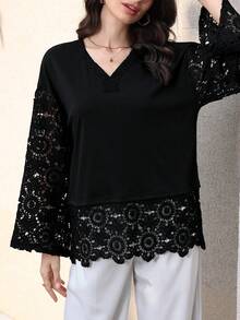 Seusyu Fashionable V-Neck Lace Trim T-Shirt For Women, New Style Elegant Top - Black - View 5
