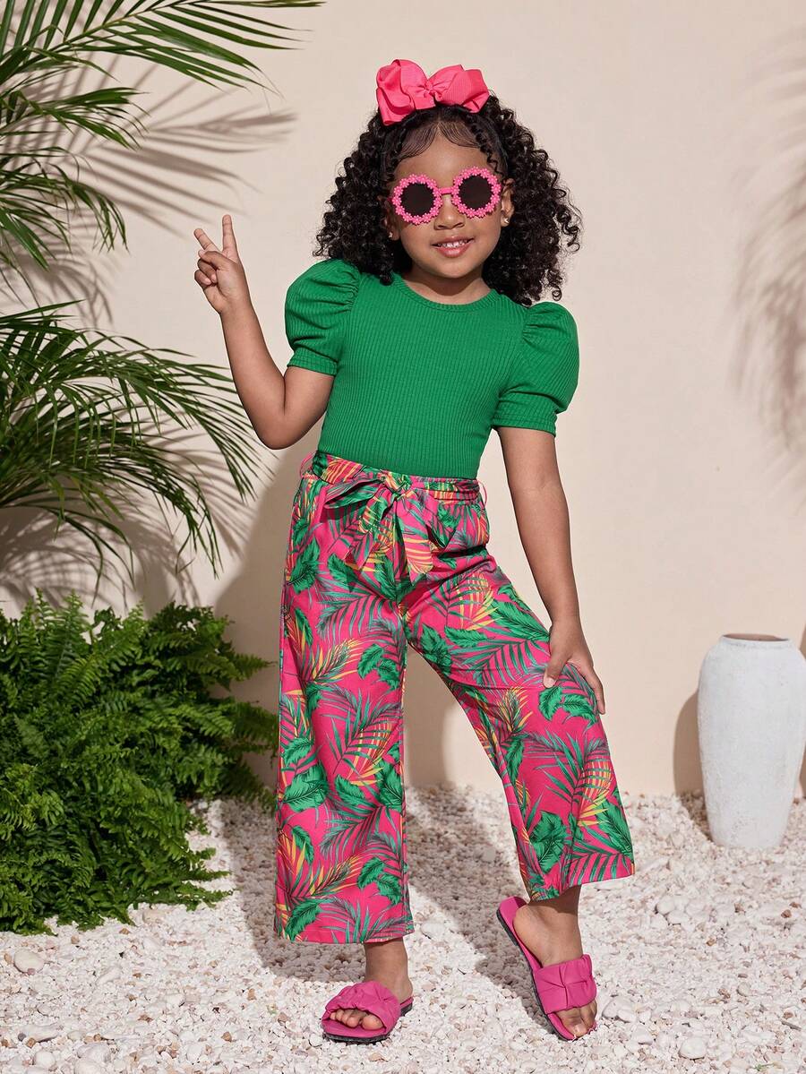 2pcs/Set Young Girl Knitted Solid Green Round Neck Puff Sleeve Top And Loose Casual Floral Print Wide Leg Pants - Green - View 1
