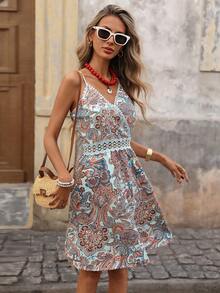 Brillora Summer Beach Tropical Print Guipure Lace Insert Cami Dress - Blue - View 6