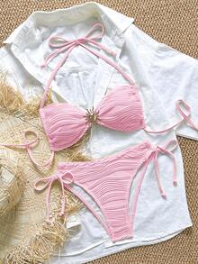Swim Mod Conjunto de Maiô Bikini Halter com Fitas Laterais, Fivela de Metal e Tecido Texturizado Swim Chiccia, Praia de Verão - Rosa chiclete - Visão 1