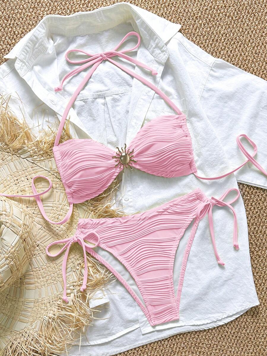 Swim Mod Conjunto de Maiô Bikini Halter com Fitas Laterais, Fivela de Metal e Tecido Texturizado Swim Chiccia, Praia de Verão - Rosa chiclete - Visão 1