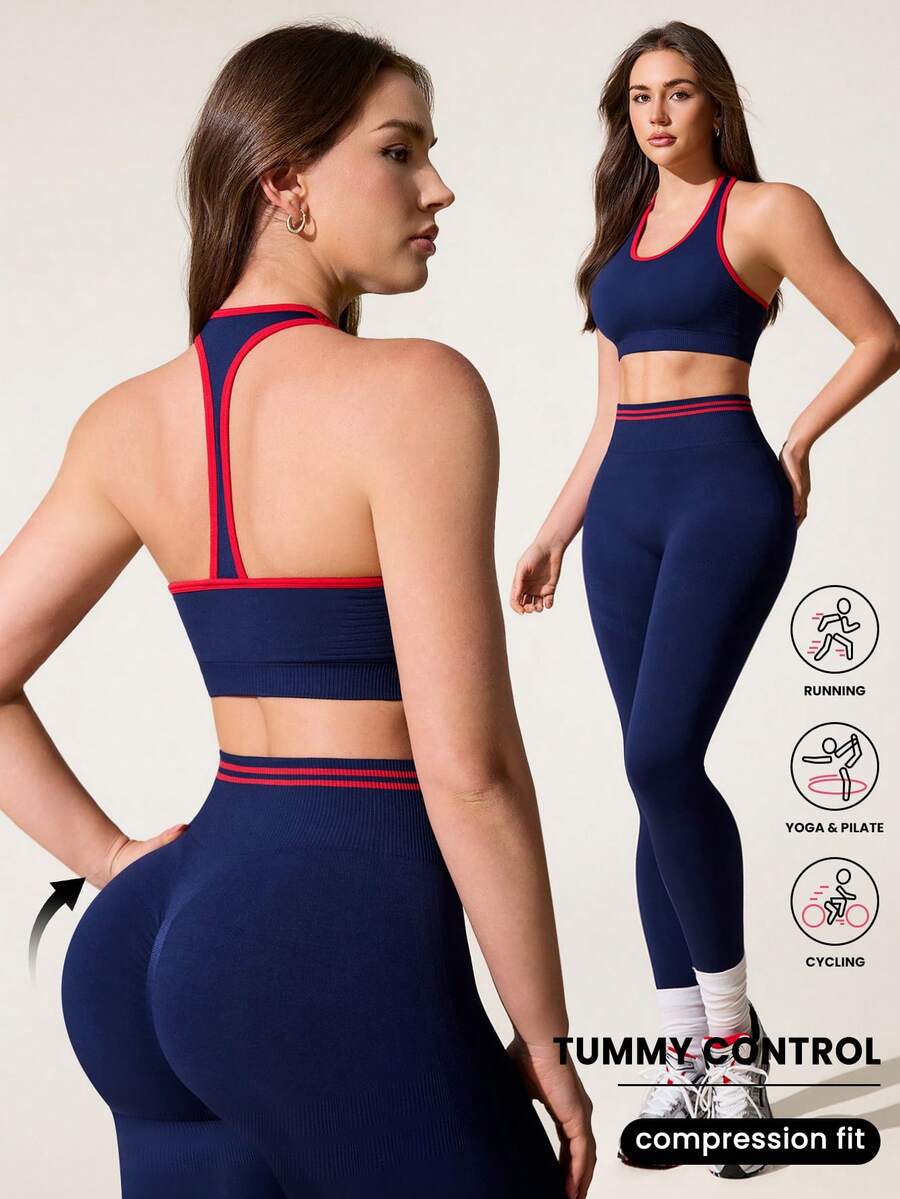 Core Rhythm Bộ đồ thể thao không đường may màu xanh hải quân dành cho nữ, gồm áo tank top ngắn cổ yếm và quần legging. - Màu xanh hải quân - Xem 1