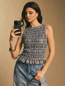 Poéselle Women's Vacation Pleated Plaid Ruffle Hem Fashionable Camisole - Blue - View 7