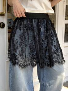 FRIFUL Women's Elastic Waist Floral Lace Fashionable Versatile Skirt - Black - View 2