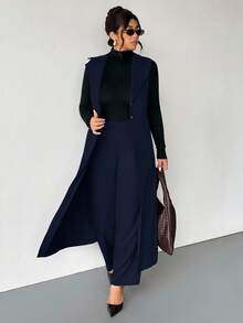 Firerie Plus Size Women Long Sleeveless Blazer Suit In Fall/Winter - Navy Blue - View 7