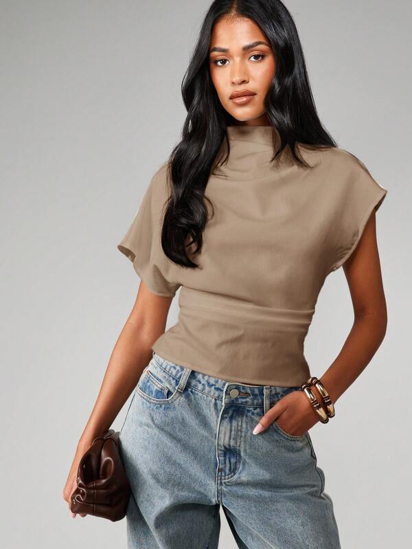 MISSGUIDED Mock Neck Short Sleeve Fitted Top With Banded Waist For Casual Everyday Wear