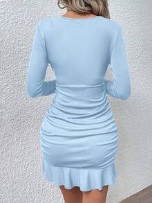 Xyvia 深V领褶皱修身长袖连衣裙 - 霧霾藍 - 查看 2