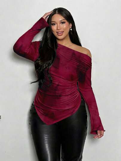 Firerie Elegant Romantic Burgundy Tie-Dye Off-Shoulder Long Sleeve Top - Old Money Style Fall/Winter Women's Party Wear Perfect For Dates, Valentine's Day, Club Nights, Weddings, And Cocktail Parties. A Styli