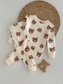 Loomiva Baby Boy Cartoon Bear Print Soft Knit Crew Neck Long Sleeve Top And Elastic Waist Long Pants 2-Piece Snug Fit Pajama Set - Multicolor - View 2