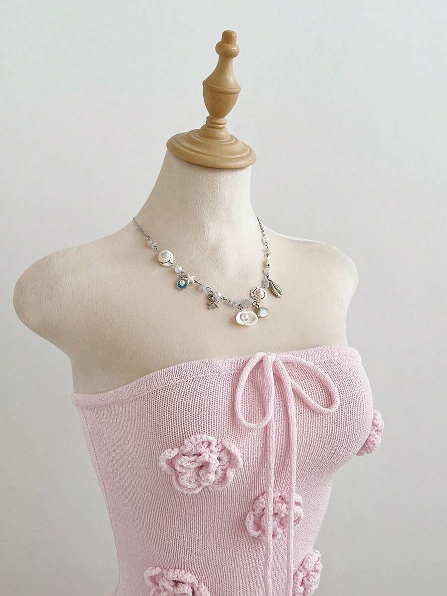 Elamini Vestido de suéter con flores 3D sin tirantes para mujer - Rosa - Ver 1