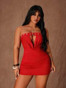 Rustia Strapless Hollow Out Sexy Bodycon Dress, Punk Rock Inspired Street Style - Red - View 6