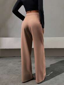 SHEIN Tall Elegant Style, Half Faux Leather Belt Detailed Straight Fit Pant - Camel - View 2
