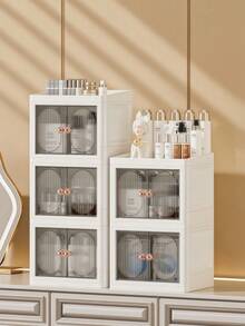 Foldable Makeup Organizer With Doors - Portable Desktop Storage Box For Cosmetics, Skincare, Multi-Layer & Collapsible - Multicolor - View 1