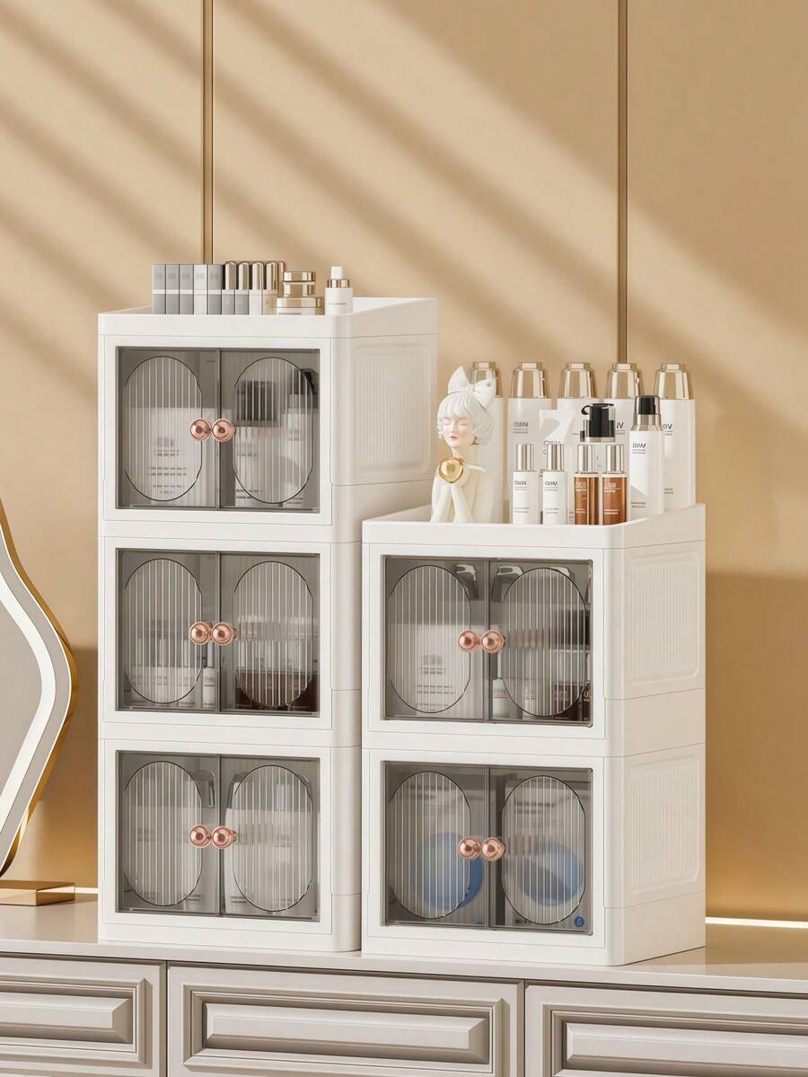 Foldable Makeup Organizer With Doors - Portable Desktop Storage Box For Cosmetics, Skincare, Multi-Layer & Collapsible - Multicolor - View 1