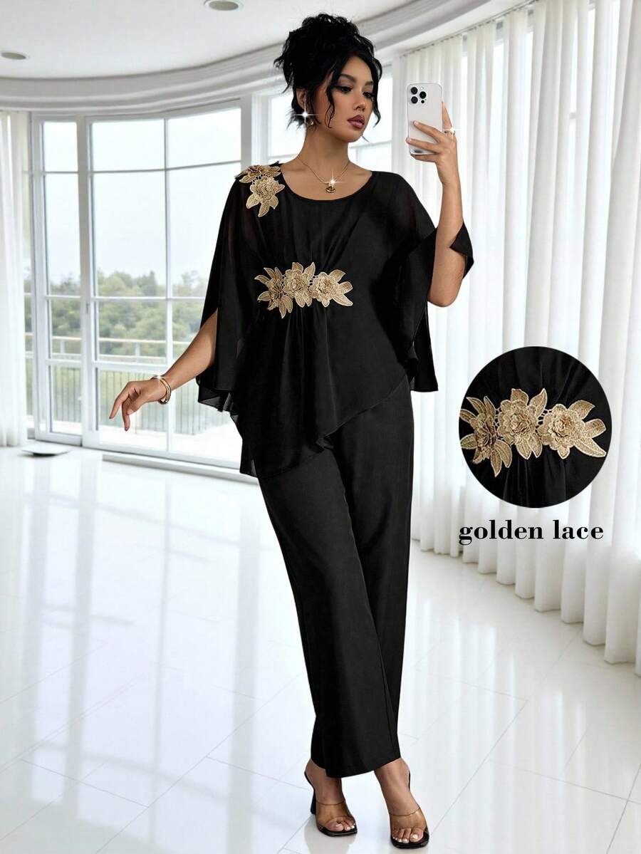 Rafferiza Bộ trang phục thanh lịch thường ngày dành cho nữ, áo cánh dơi viền ren hoa và quần ống đứng 2 món - màu đen - Xem 1