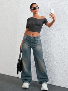 EURMUSE 低腰复古水洗直筒牛仔裤 - 霧霾藍 - 查看 3