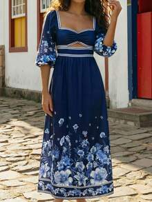CAJUNI Navy Blue Floral Maxi Dress With Puff Sleeves And Sweetheart Neckline. - Blue - View 4
