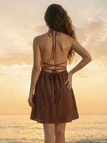 CAJUNI Summer Sexy Backless Halter Neck Dress - Brown - View 2