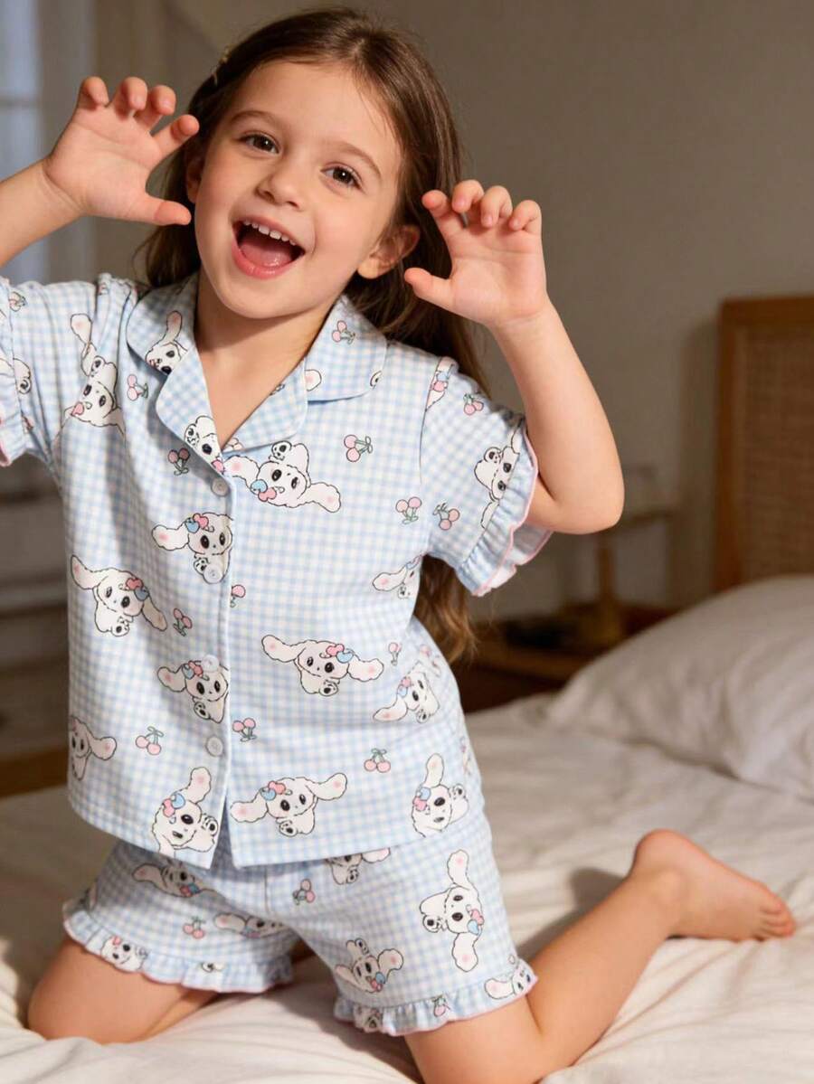 Conjunto de pijama infantil feminino de 2 peças, estampa xadrez com desenho de coelho, blusa com botões frontais e shorts, roupa de dormir confortável. - Azul - Ver 1