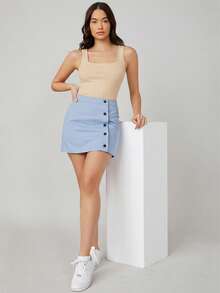 SHEIN BASICS Áo ba lỗ cổ vuông trơn - Màu be - Xem 5