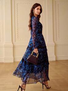 ZEYLAH Floral Print Patchwork Lace Romantic Women Dress, Autumn/Winter - Blue - View 5