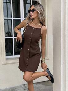 Serisse Vestido casual mini con botones delanteros de unicolor para mujer - Café integral - Ver 5