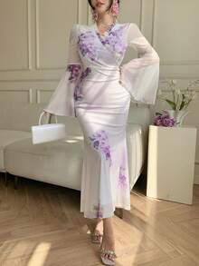 DAZY Đầm ren hoa thanh lịch mùa xuân & hè, đầm ôm dáng bằng chiffon xuyên thấu phối nhiều mảnh vải, thích hợp cho đám cưới, tiệc tùng, các dịp trang trọng, hoặc mặc đi làm. - Màu tím - Xem 6