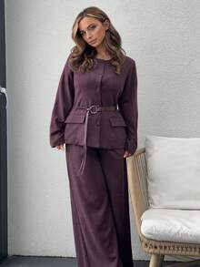 Jeta Ari Setelan Jaket Polos Kasual Wanita dan Celana Panjang Lebar, Pakaian Bisnis Musim Gugur - Coffee Brown - View 5